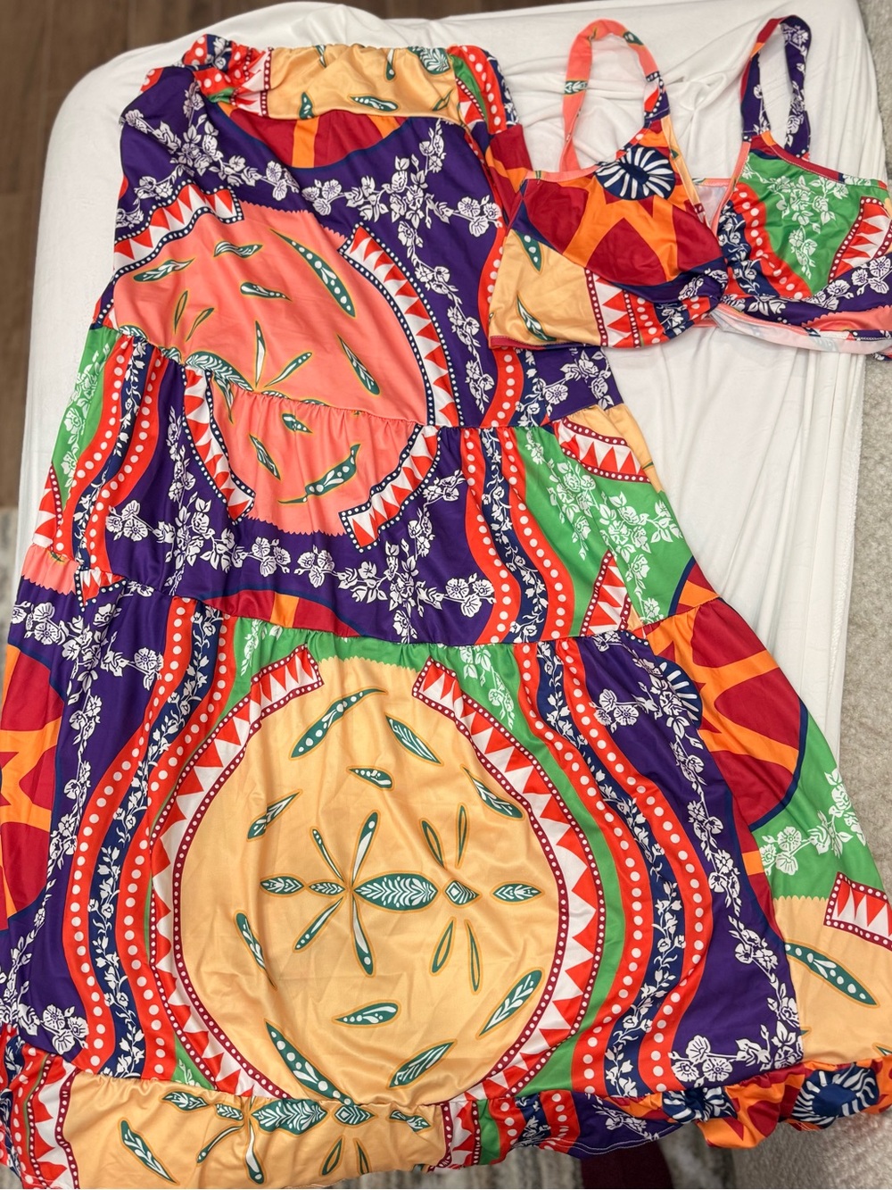 Vibrant Multi-Color Boho Maxi Dress with Matching Bikini Top